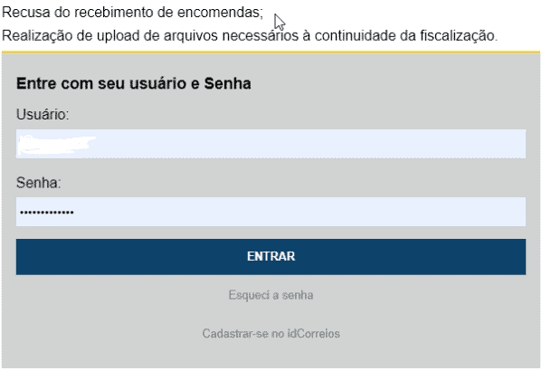 página de login correios